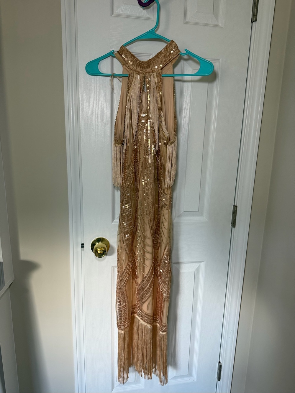 Halter Gold Sequin Fringe Evening Dress